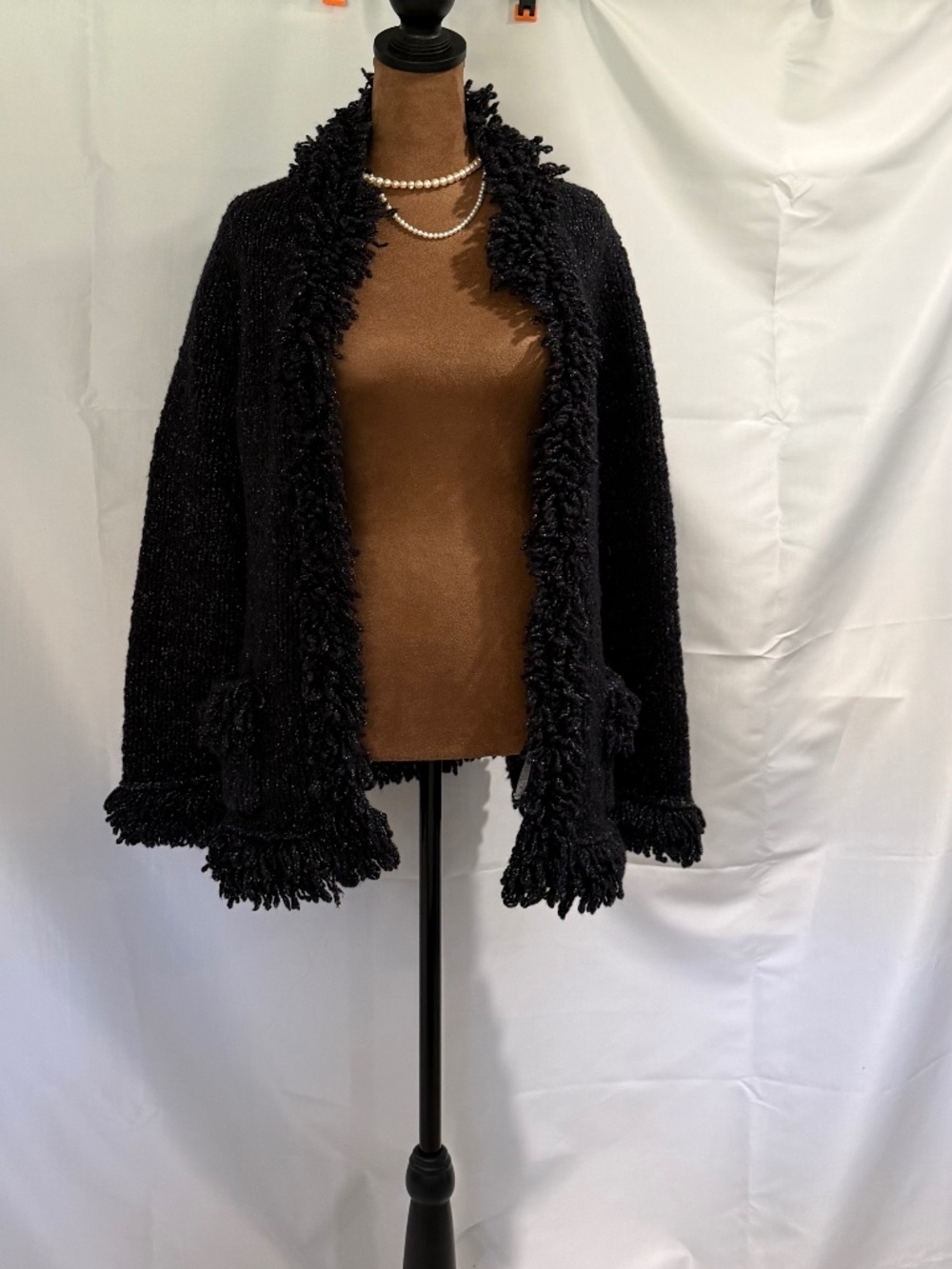 VTG Nine West Vintage Black Wool Blend Chunky Cardigan Sweater Fringe Trim Med